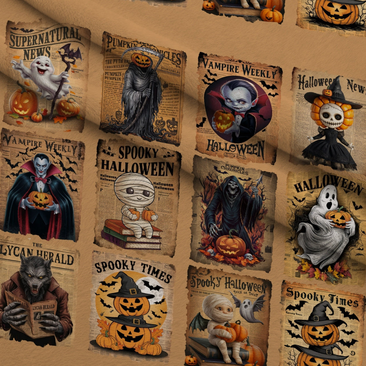 Tan Vintage Halloween Newspaper Fleece Fabric — fleece fabric folded close-up preview (mv-fleece-v1:lying)