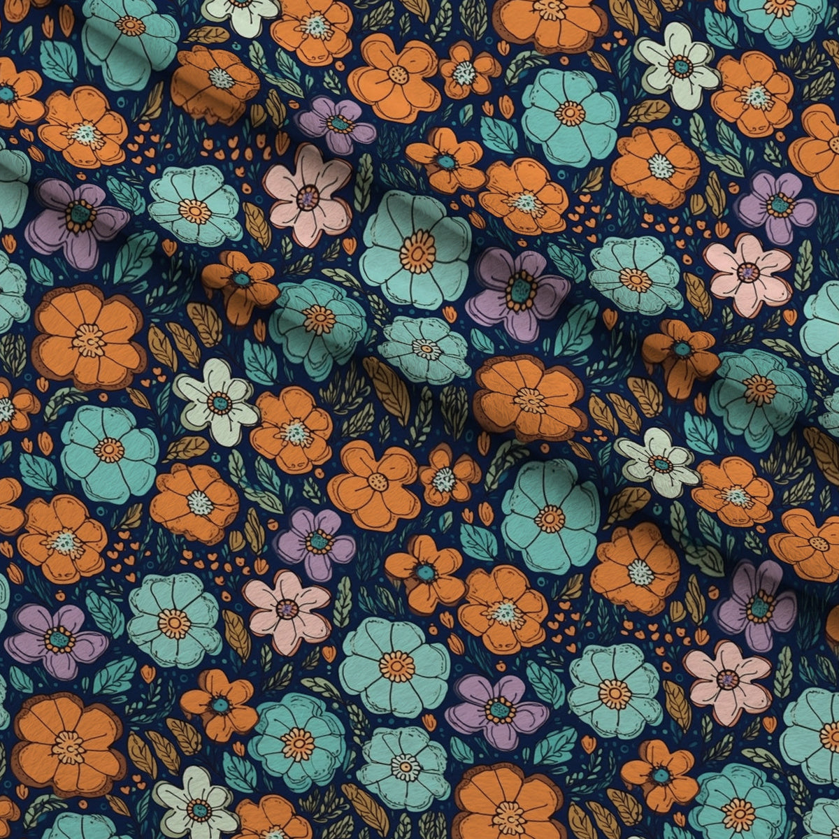 Tangerine Teal Reverie Pattern 1 Fleece Fabric — fleece fabric folded close-up preview (mv-fleece-v1:lying)