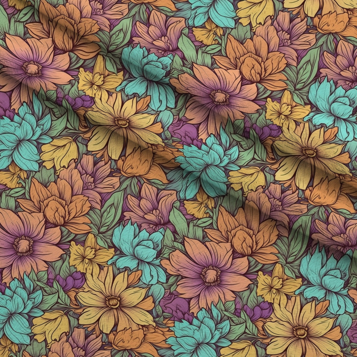 Tangerine Teal Reverie Pattern 10 Fleece Fabric — fleece fabric folded close-up preview (mv-fleece-v1:lying)