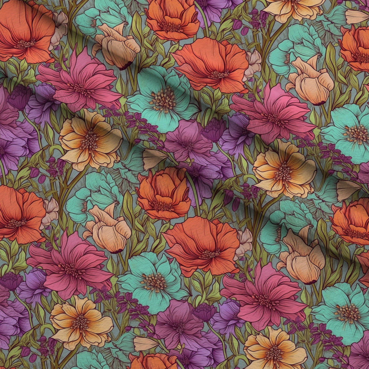 Tangerine Teal Reverie Pattern 11 Fleece Fabric — fleece fabric folded close-up preview (mv-fleece-v1:lying)