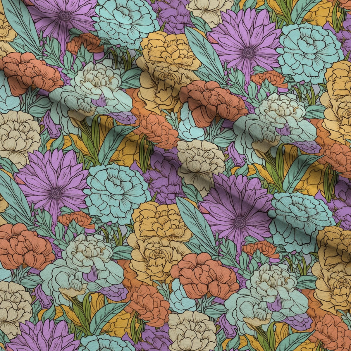 Tangerine Teal Reverie Pattern 2 Fleece Fabric — fleece fabric folded close-up preview (mv-fleece-v1:lying)