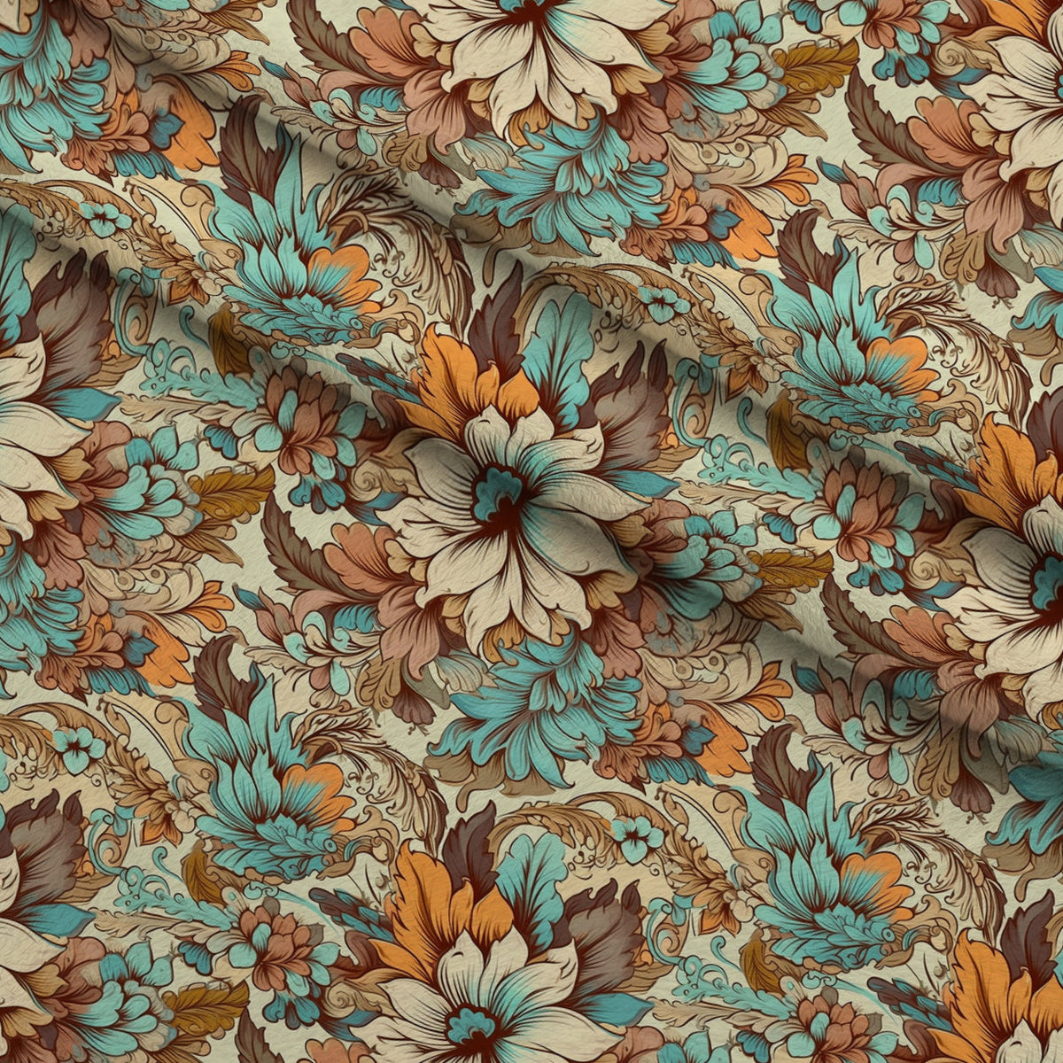 Tangerine Teal Reverie Pattern 4 Fleece Fabric — fleece fabric folded close-up preview (mv-fleece-v1:lying)