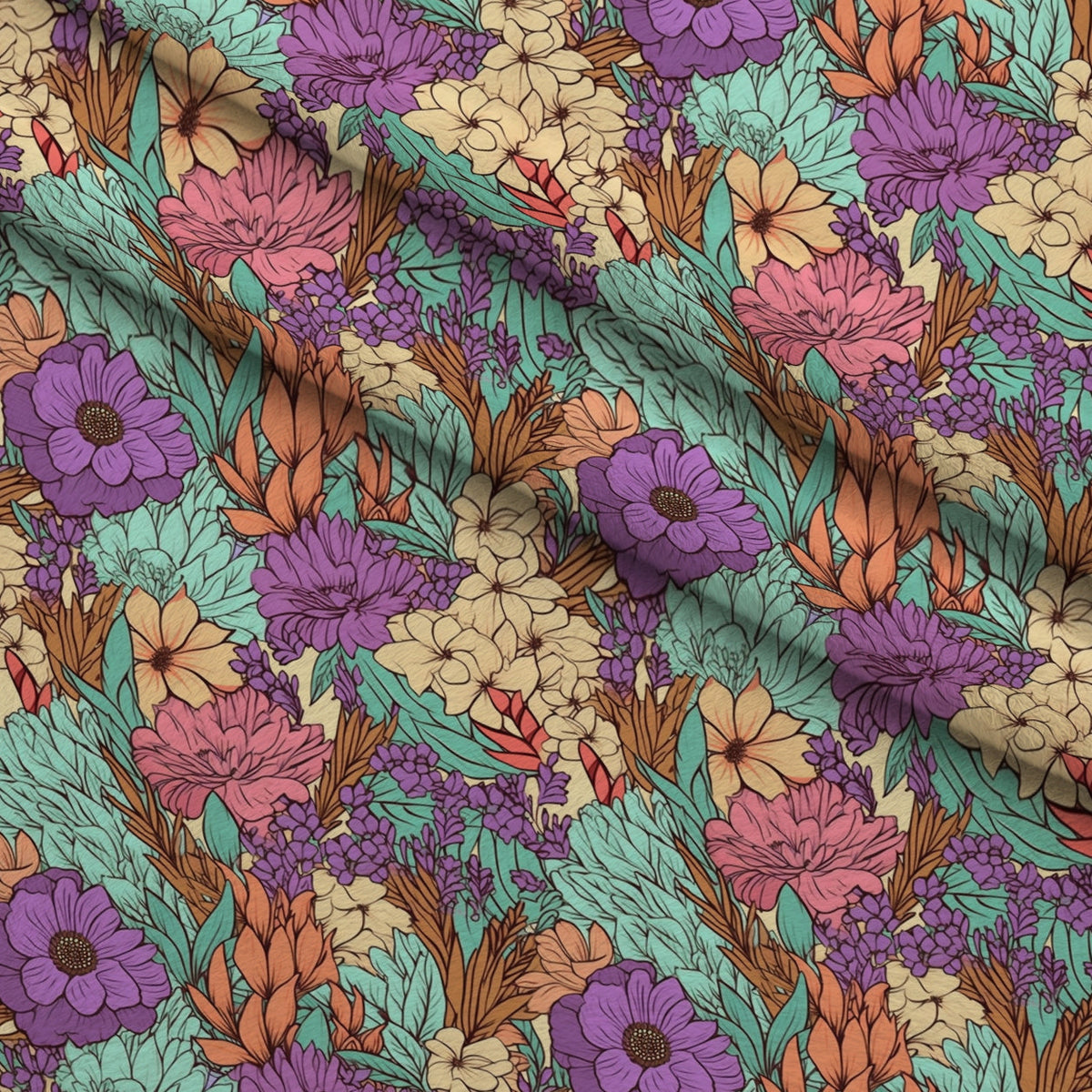 Tangerine Teal Reverie Pattern 5 Fleece Fabric — fleece fabric folded close-up preview (mv-fleece-v1:lying)