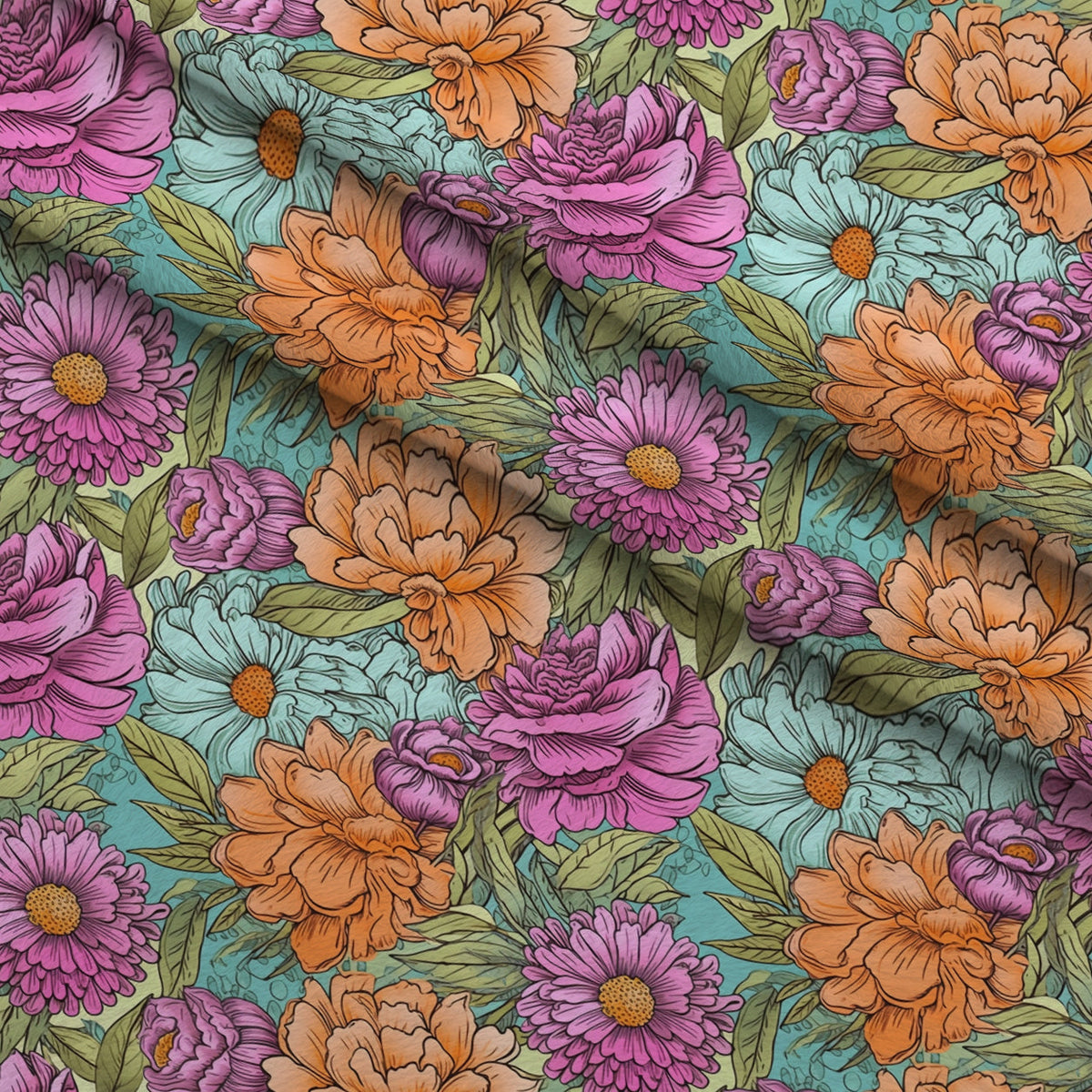 Tangerine Teal Reverie Pattern 6 Fleece Fabric — fleece fabric folded close-up preview (mv-fleece-v1:lying)