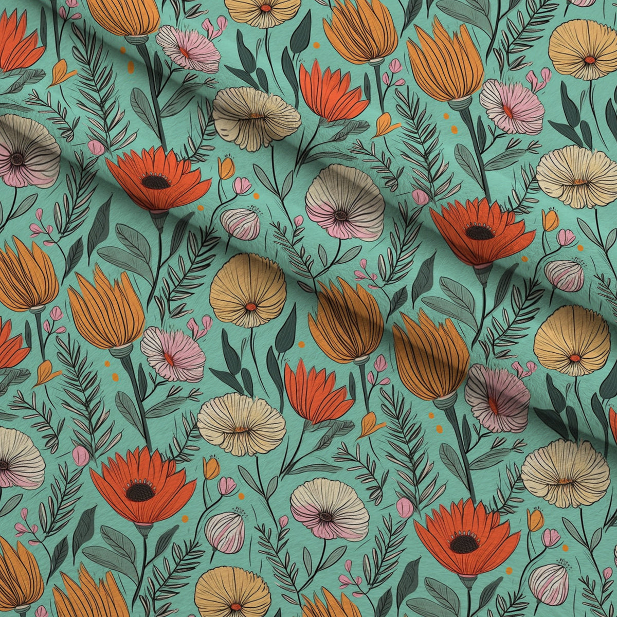Tangerine Teal Reverie Pattern 8 Fleece Fabric — fleece fabric folded close-up preview (mv-fleece-v1:lying)