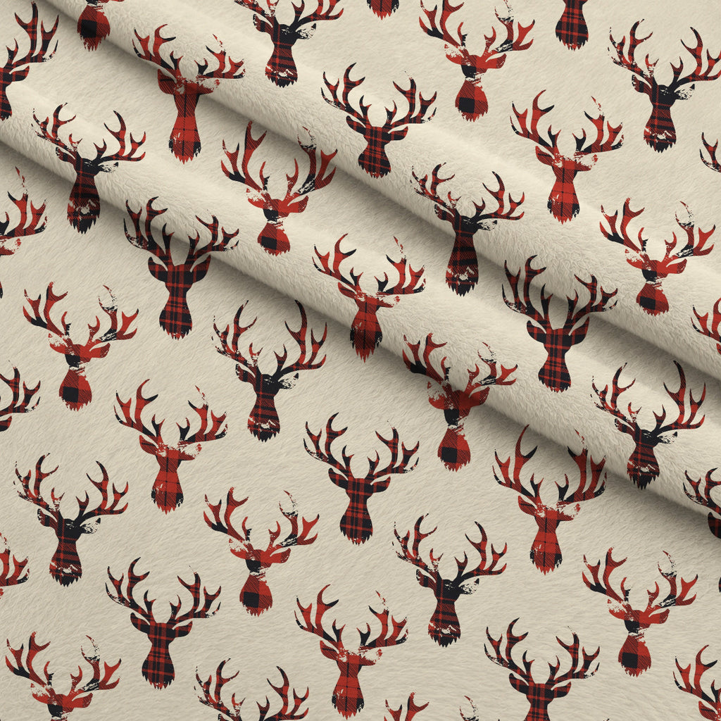 Tartan Deer Heads Pattern Fleece Fabric — fleece fabric folded close-up preview (mv-fleece-v1:lying)