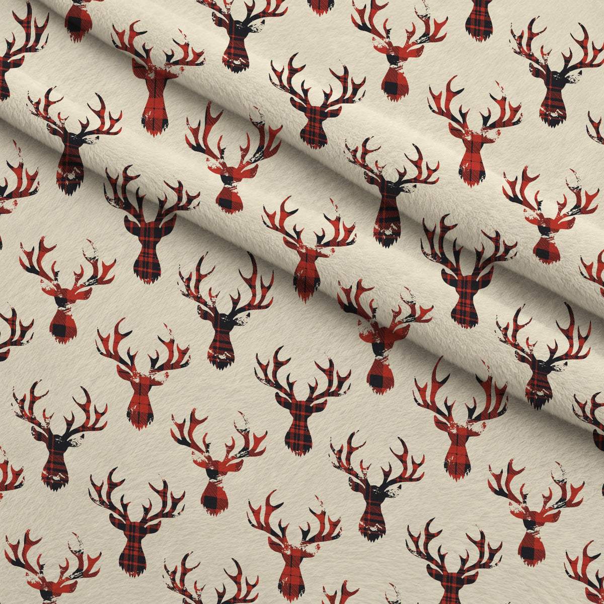 Tartan Deer Heads Pattern Fleece Fabric — fleece fabric folded close-up preview (mv-fleece-v1:lying)