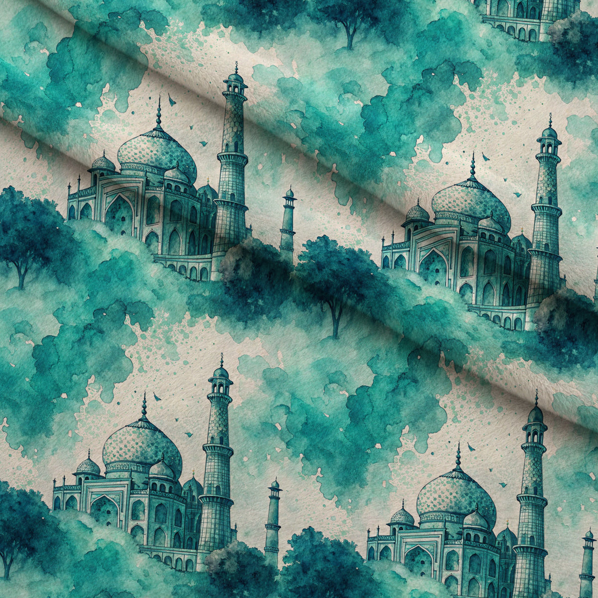Teal Reverie Pattern 20 Fleece Fabric — fleece fabric folded close-up preview (mv-fleece-v1:lying)