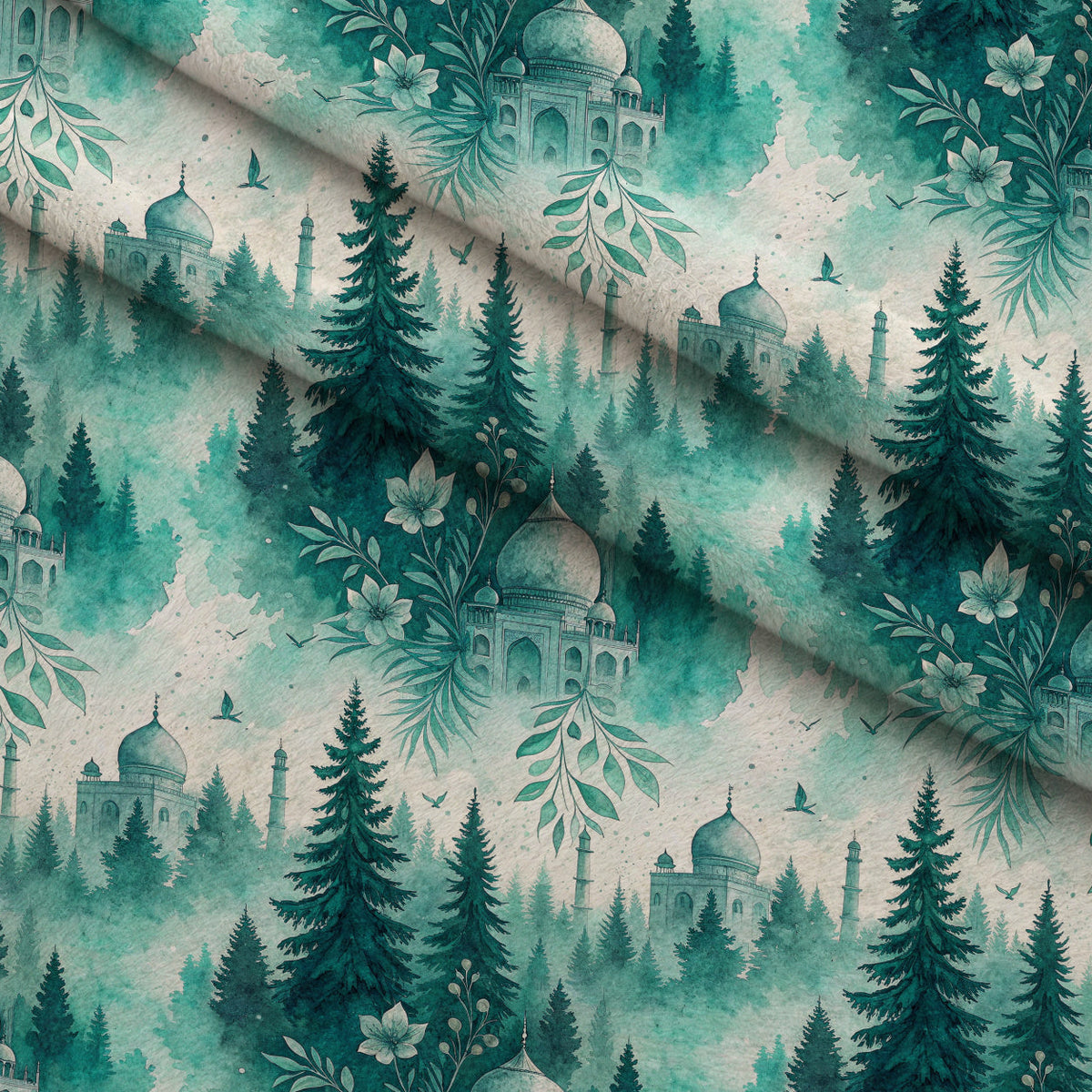Teal Reverie Pattern 21 Fleece Fabric — fleece fabric folded close-up preview (mv-fleece-v1:lying)