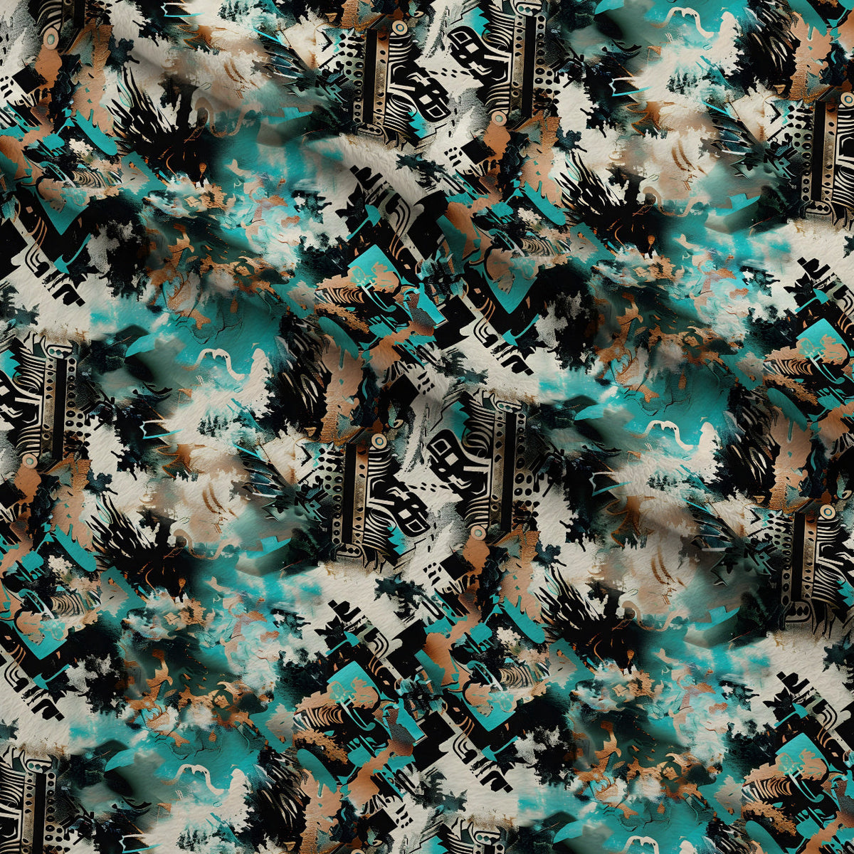 Teal Totem Pattern 8 Fleece Fabric — fleece fabric folded close-up preview (mv-fleece-v1:lying)