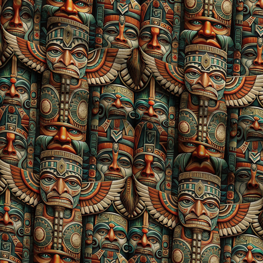Tiki Guardians Pattern 1 Fleece Fabric — fleece fabric folded close-up preview (mv-fleece-v1:lying)