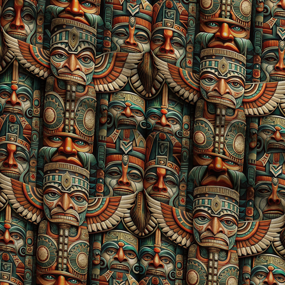 Tiki Guardians Pattern 1 Fleece Fabric — fleece fabric folded close-up preview (mv-fleece-v1:lying)