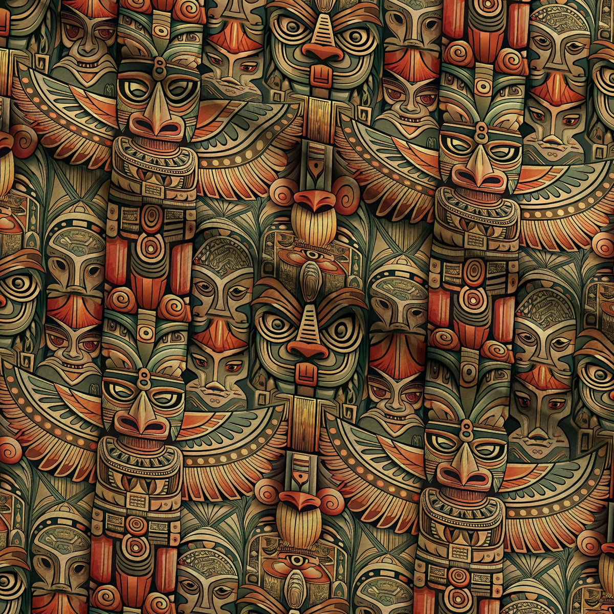 Tiki Guardians Pattern 10 Fleece Fabric — fleece fabric folded close-up preview (mv-fleece-v1:lying)