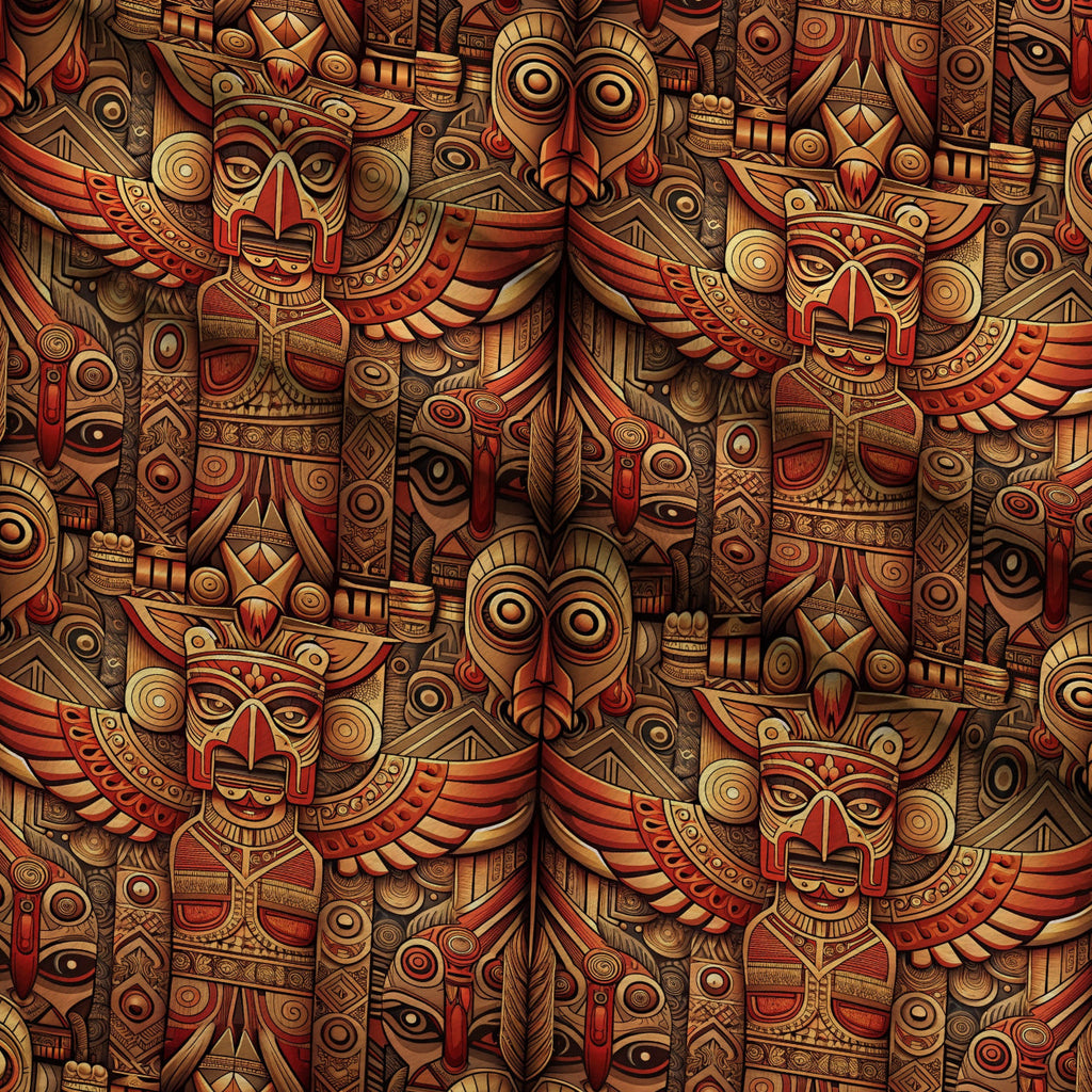 Tiki Guardians Pattern 2 Fleece Fabric — fleece fabric folded close-up preview (mv-fleece-v1:lying)