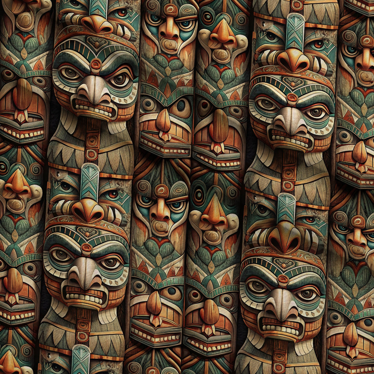 Tiki Guardians Pattern 4 Fleece Fabric — fleece fabric folded close-up preview (mv-fleece-v1:lying)