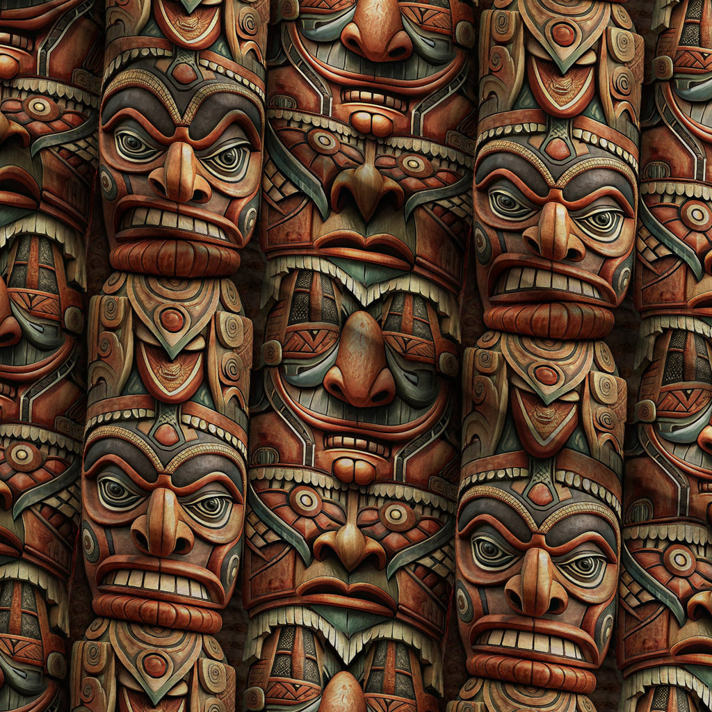 Tiki Guardians Pattern 5 Fleece Fabric — fleece fabric folded close-up preview (mv-fleece-v1:lying)