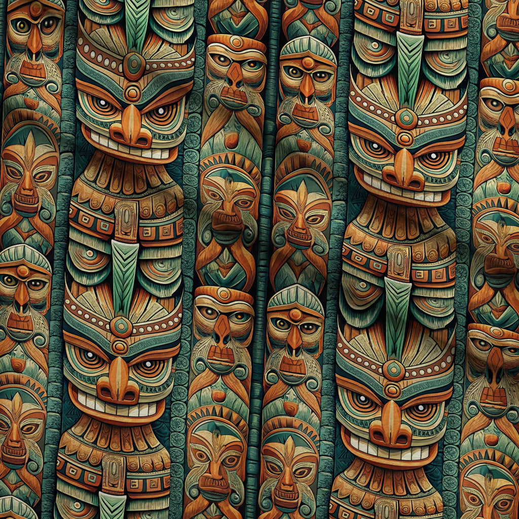 Tiki Guardians Pattern 8 Fleece Fabric — fleece fabric folded close-up preview (mv-fleece-v1:lying)