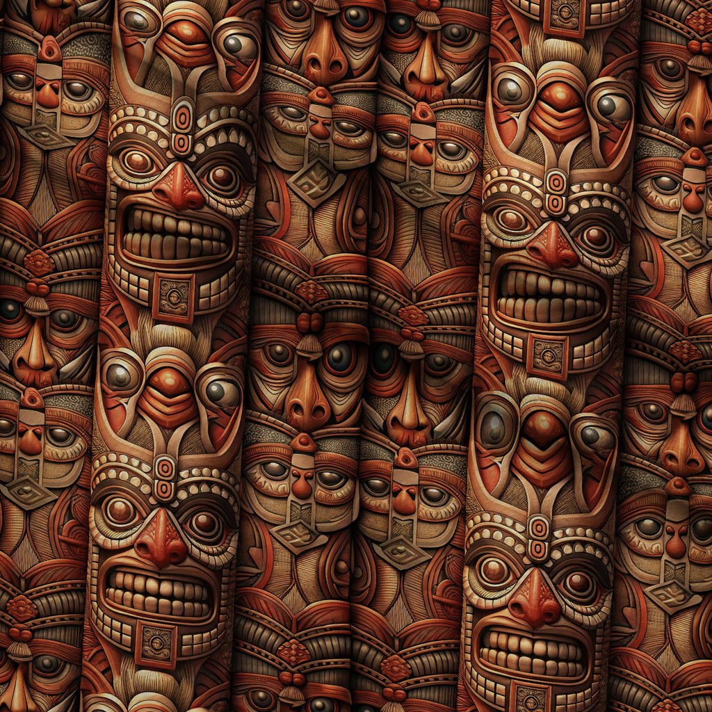 Tiki Guardians Pattern 9 Fleece Fabric — fleece fabric folded close-up preview (mv-fleece-v1:lying)