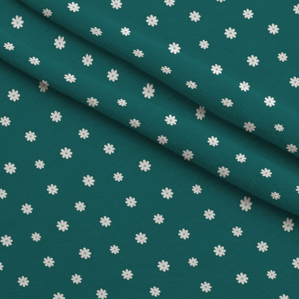 Tiny Daisies on Teal Fleece Fabric — fleece fabric folded close-up preview (mv-fleece-v1:lying)