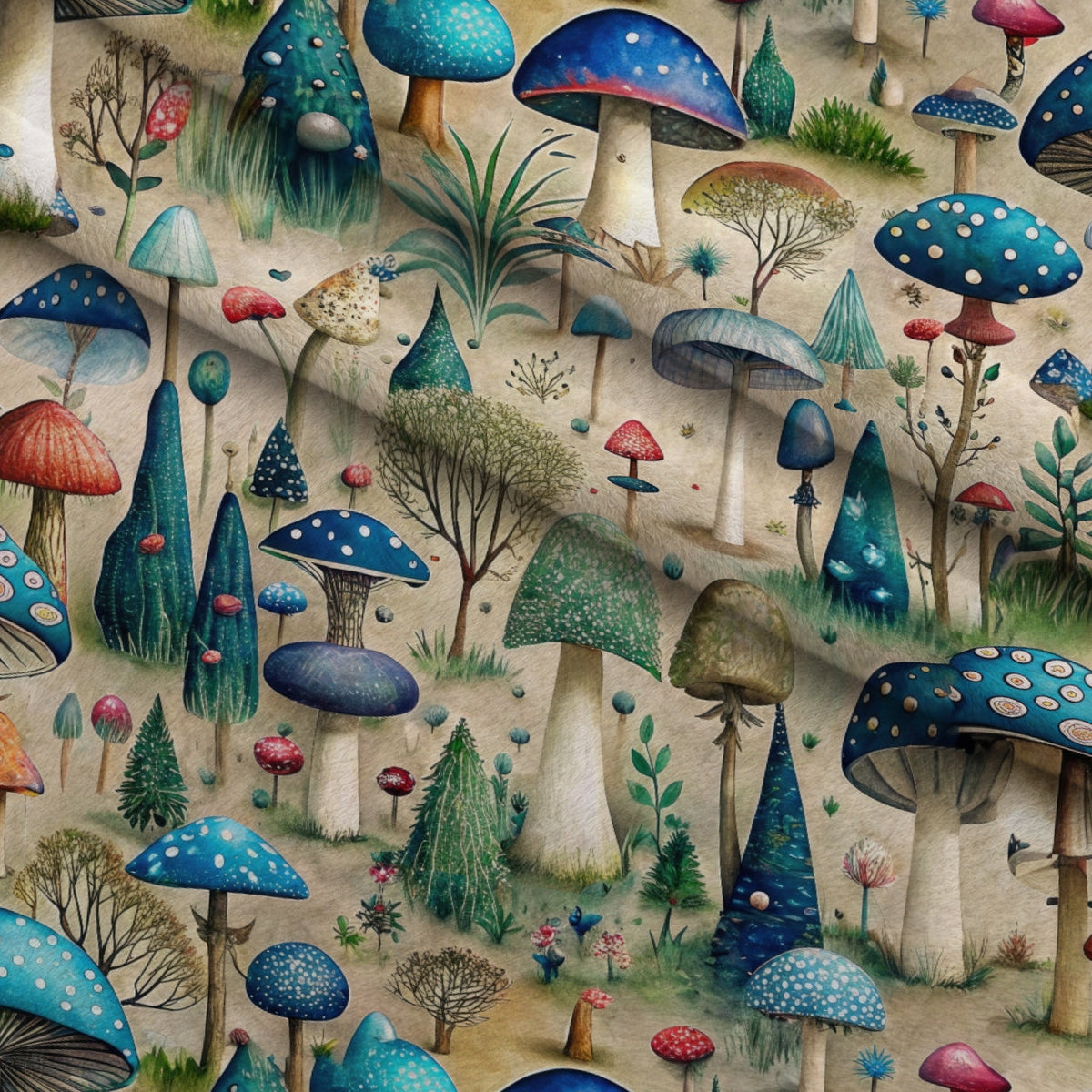 Toadstool Grove Pattern 1 Fleece Fabric — fleece fabric folded close-up preview (mv-fleece-v1:lying)