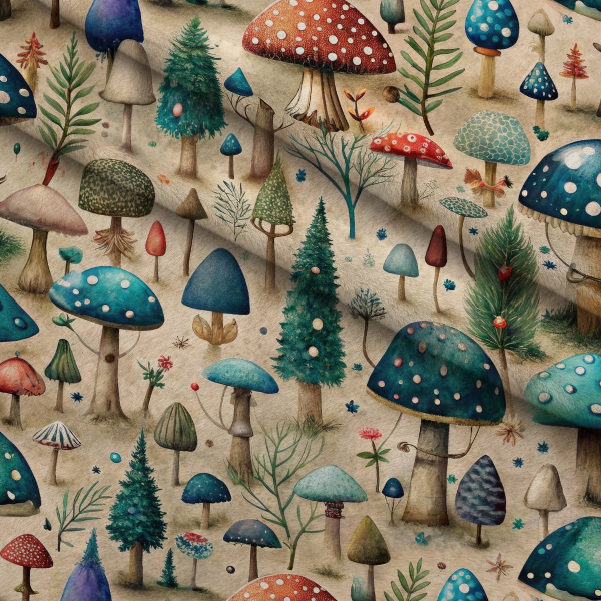 Toadstool Grove Pattern 2 Fleece Fabric — fleece fabric folded close-up preview (mv-fleece-v1:lying)