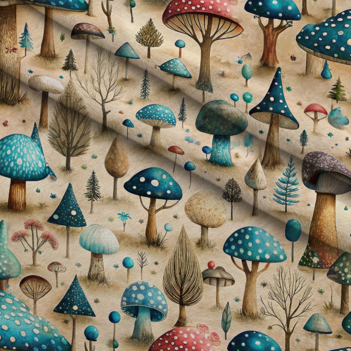 Toadstool Grove Pattern 3 Fleece Fabric — fleece fabric folded close-up preview (mv-fleece-v1:lying)