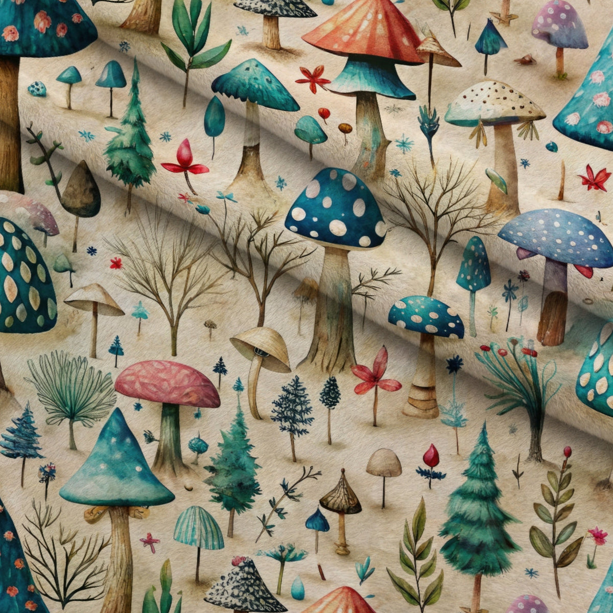 Toadstool Grove Pattern 4 Fleece Fabric — fleece fabric folded close-up preview (mv-fleece-v1:lying)