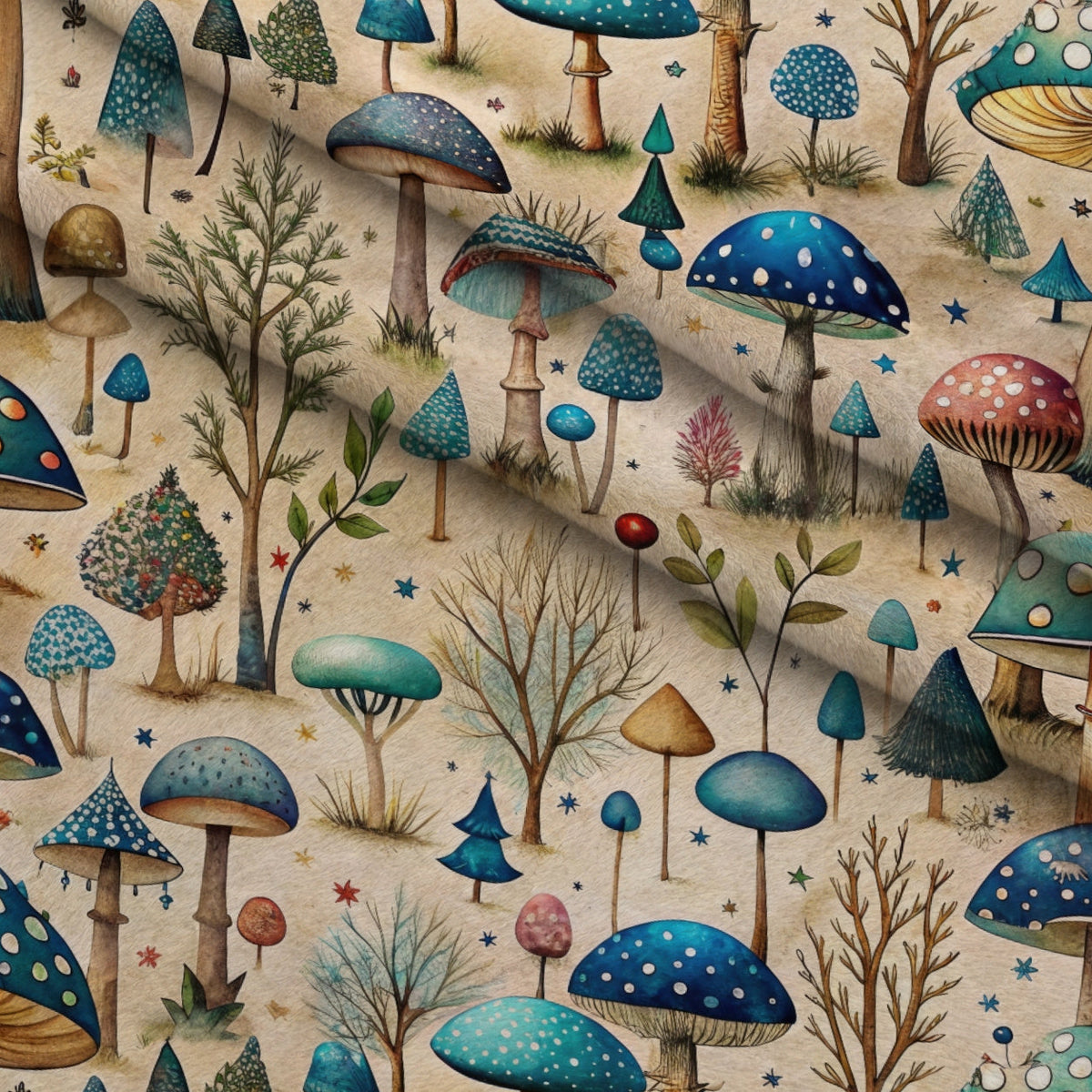 Toadstool Grove Pattern 5 Fleece Fabric — fleece fabric folded close-up preview (mv-fleece-v1:lying)