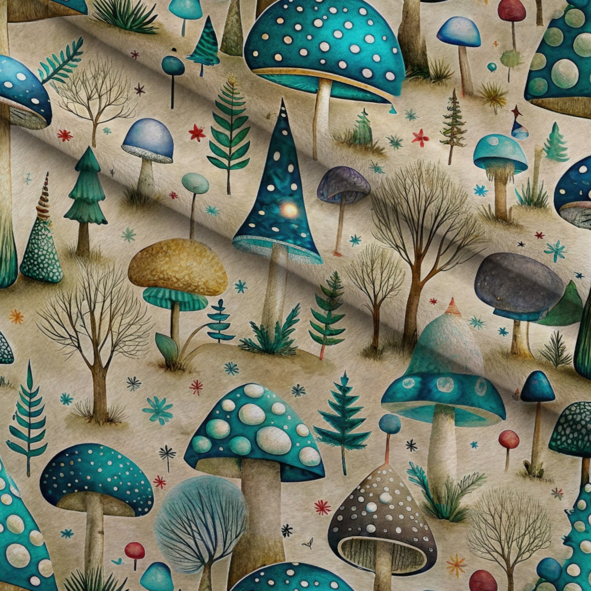 Toadstool Grove Pattern 6 Fleece Fabric — fleece fabric folded close-up preview (mv-fleece-v1:lying)