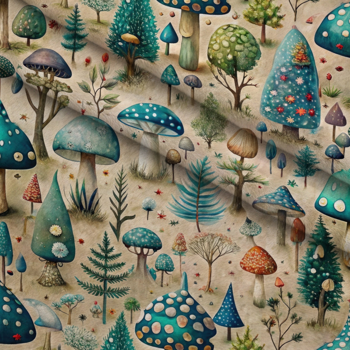Toadstool Grove Pattern 9 Fleece Fabric — fleece fabric folded close-up preview (mv-fleece-v1:lying)