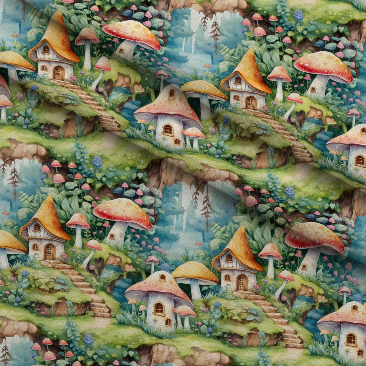 Toadstool Village Pattern 1 Fleece Fabric — fleece fabric folded close-up preview (mv-fleece-v1:lying)