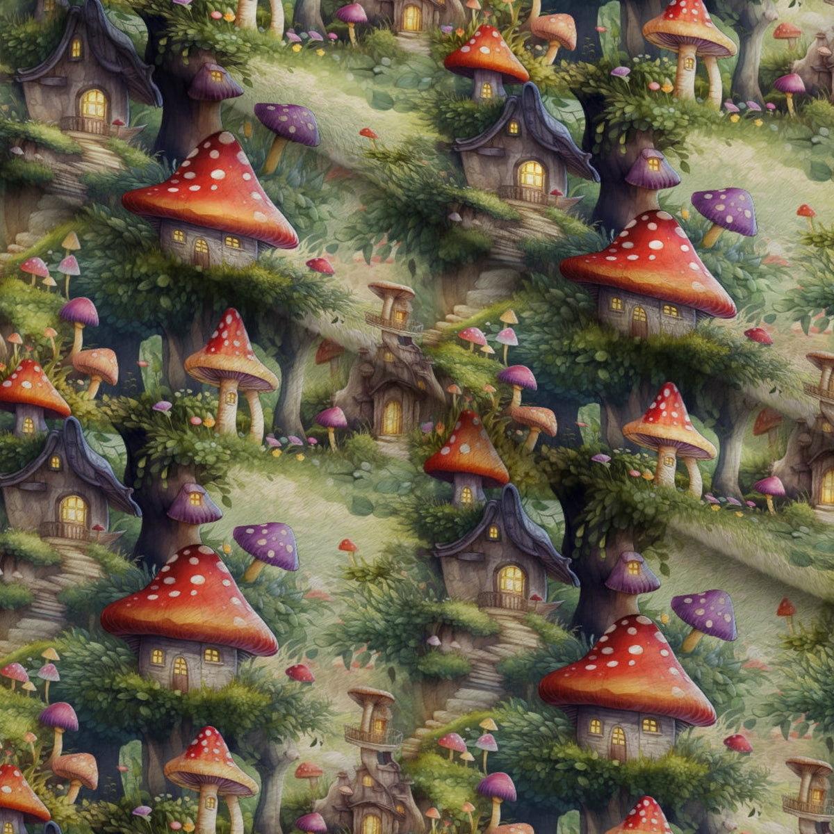 Toadstool Village Pattern 12 Fleece Fabric — fleece fabric folded close-up preview (mv-fleece-v1:lying)