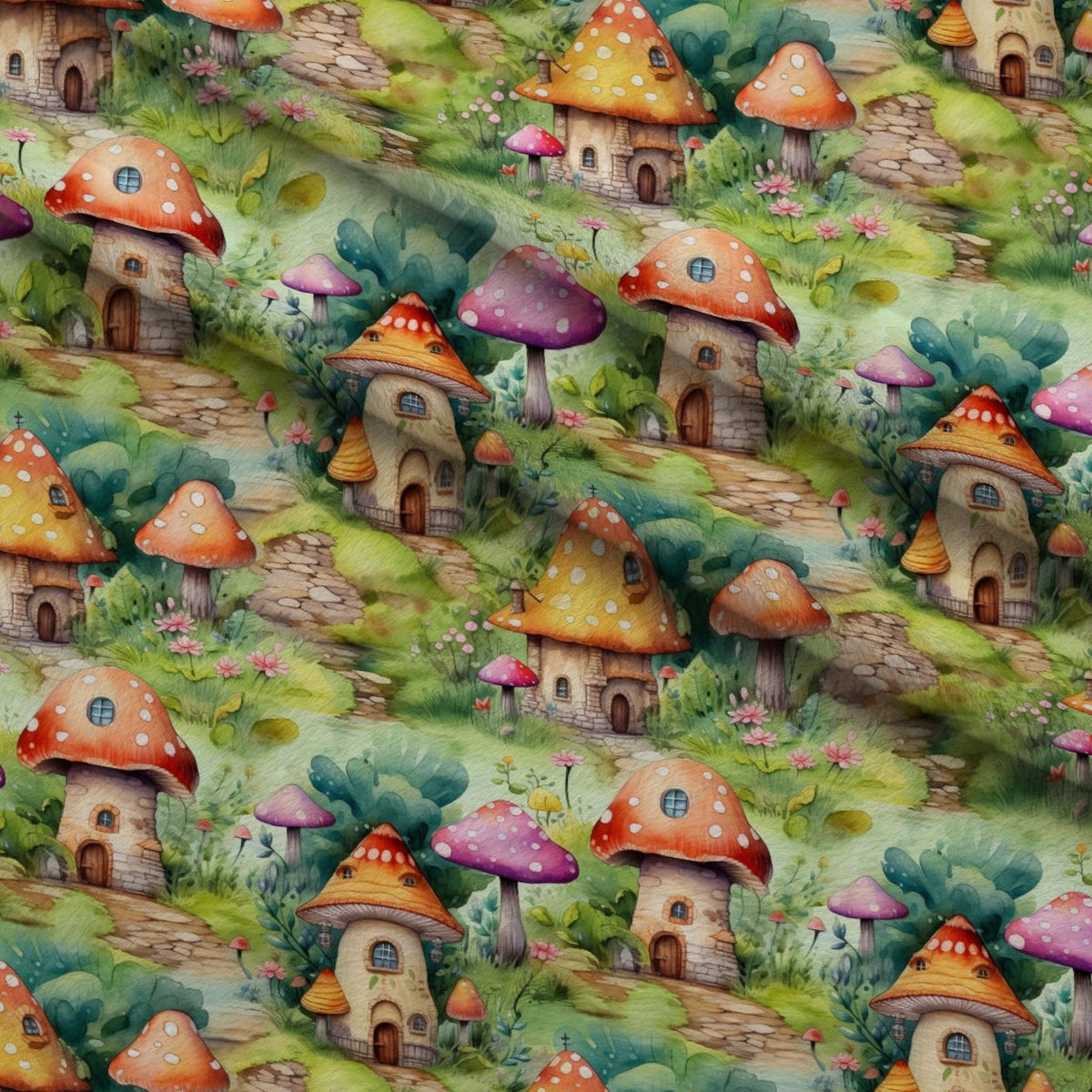 Toadstool Village Pattern 2 Fleece Fabric — fleece fabric folded close-up preview (mv-fleece-v1:lying)