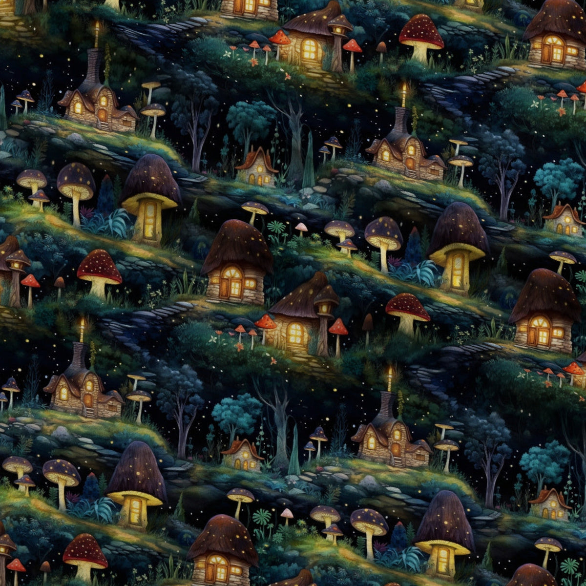 Toadstool Village Pattern 3 Fleece Fabric — fleece fabric folded close-up preview (mv-fleece-v1:lying)