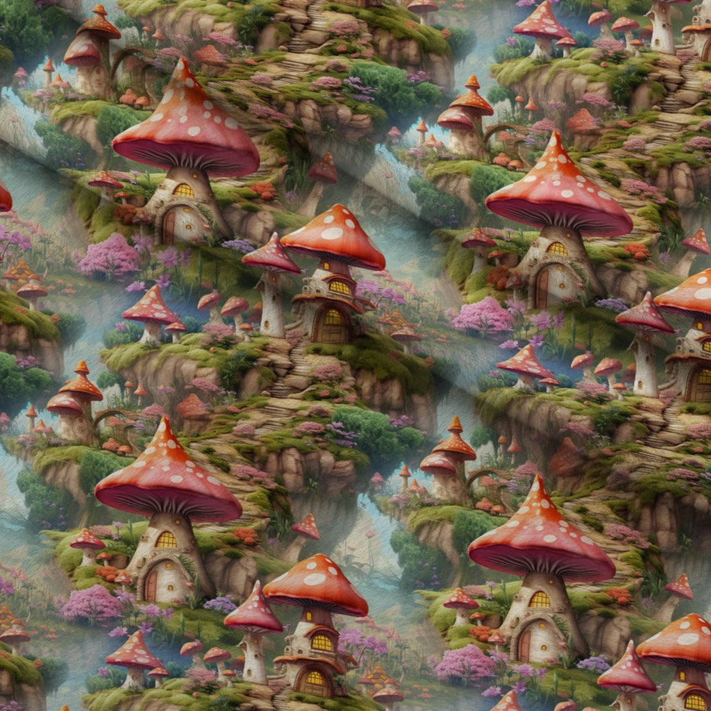 Toadstool Village Pattern 5 Fleece Fabric — fleece fabric folded close-up preview (mv-fleece-v1:lying)