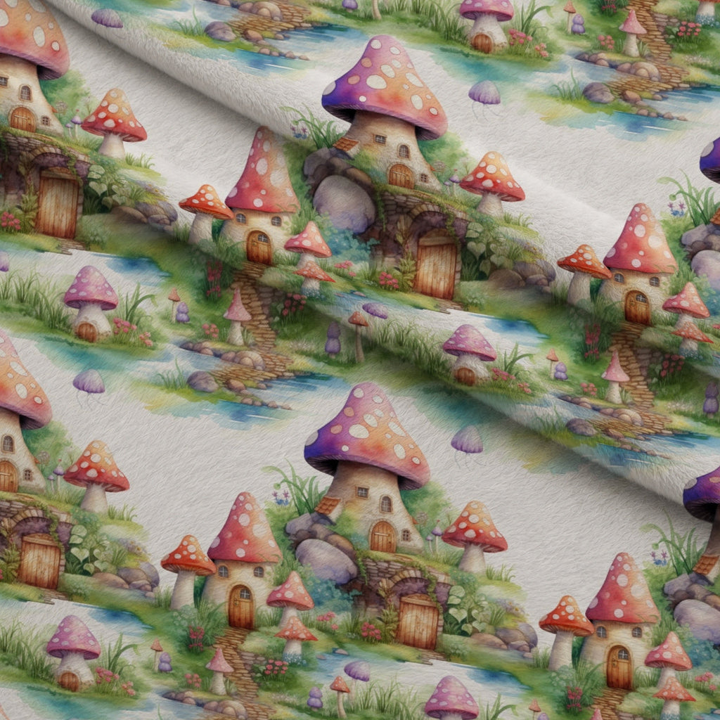 Toadstool Village Pattern 6 Fleece Fabric — fleece fabric folded close-up preview (mv-fleece-v1:lying)