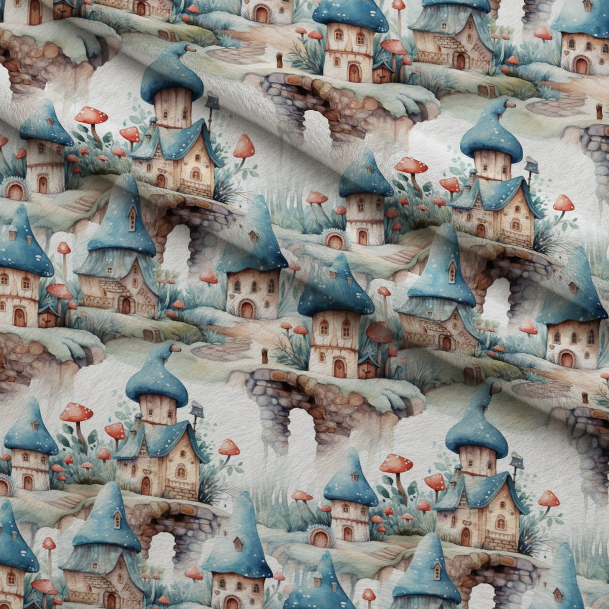 Toadstool Village Pattern 9 Fleece Fabric — fleece fabric folded close-up preview (mv-fleece-v1:lying)