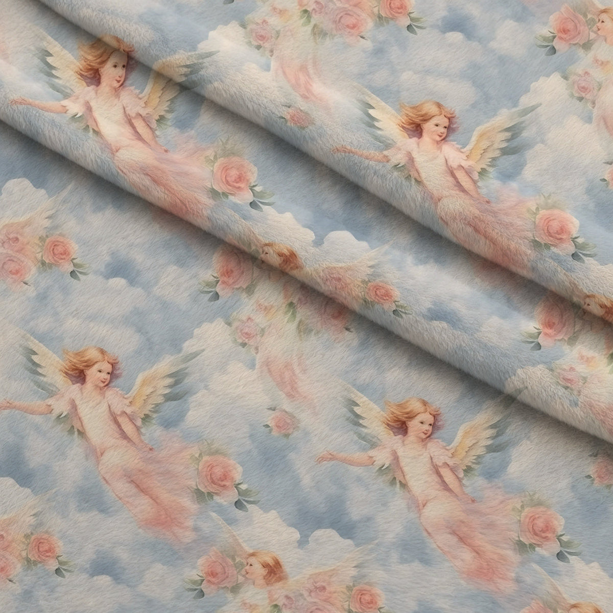 Vintage Angels in Heavenly Skies Pattern 1 Fleece Fabric — fleece fabric folded close-up preview (mv-fleece-v1:lying)