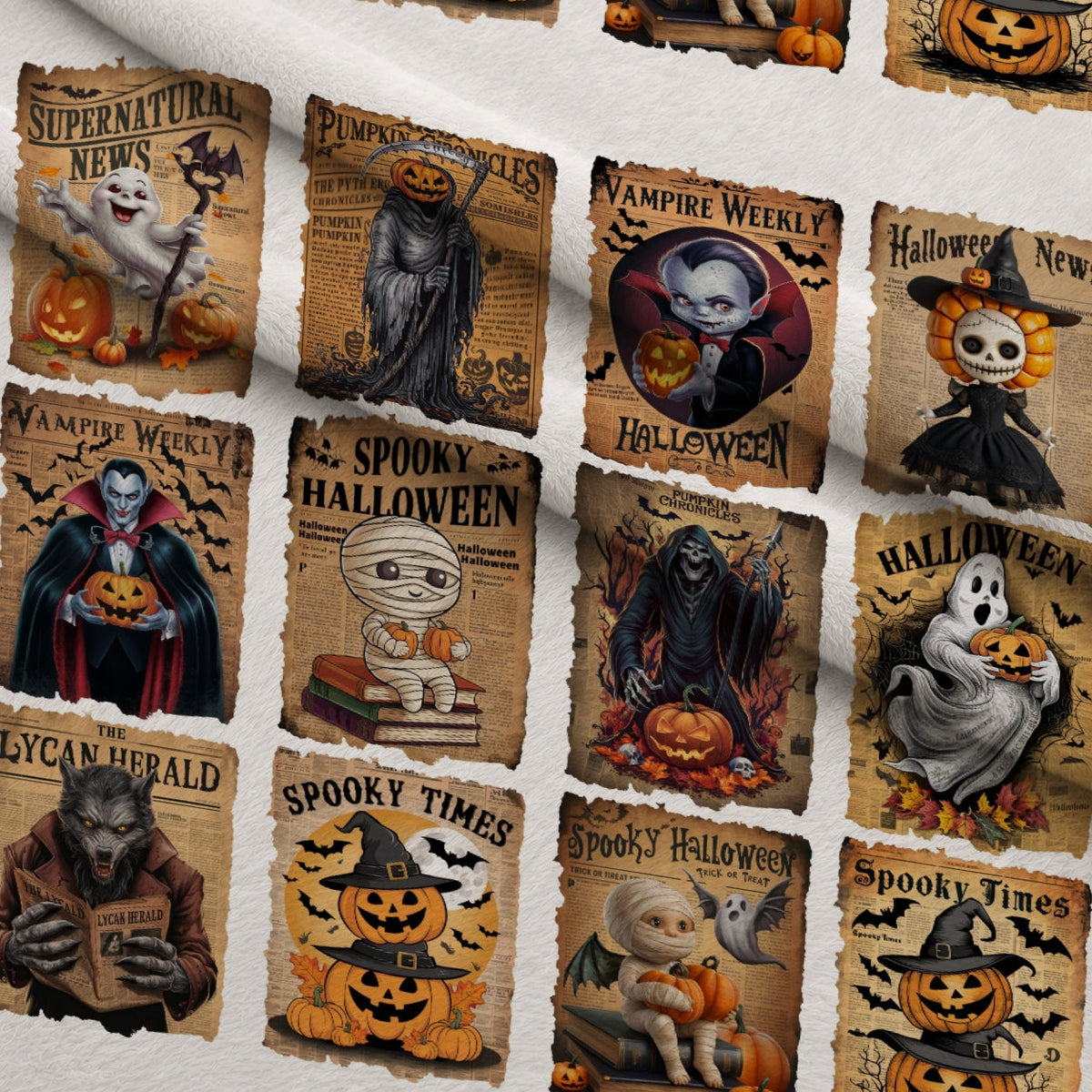 Vintage Halloween Newspaper Fleece Fabric — fleece fabric folded close-up preview (mv-fleece-v1:lying)