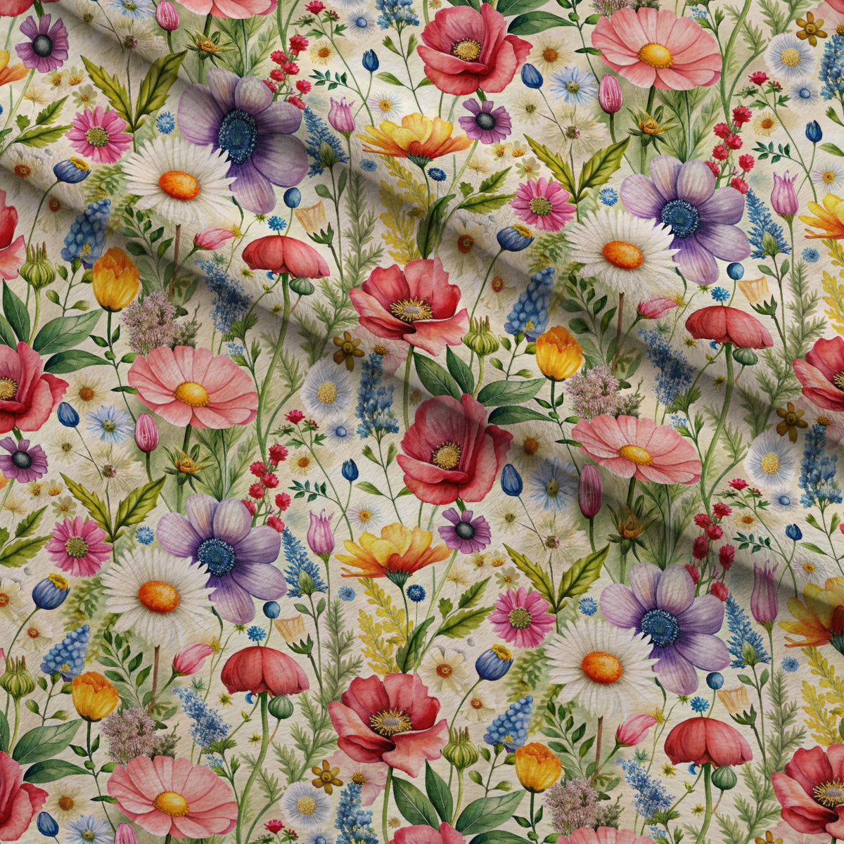 Watercolor Meadow Pattern 1 Fleece Fabric — fleece fabric folded close-up preview (mv-fleece-v1:lying)