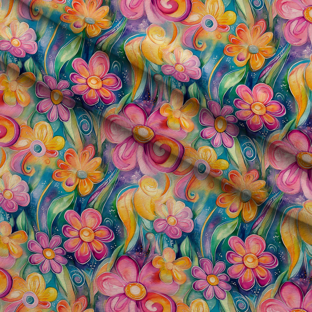 Whimsical Watercolor Blooms Pattern 1 Fleece Fabric — fleece fabric folded close-up preview (mv-fleece-v1:lying)