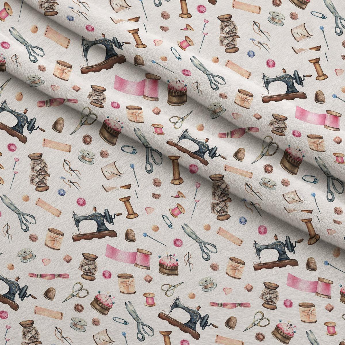 White Old Sewing Elements Fleece Fabric — fleece fabric folded close-up preview (mv-fleece-v1:lying)
