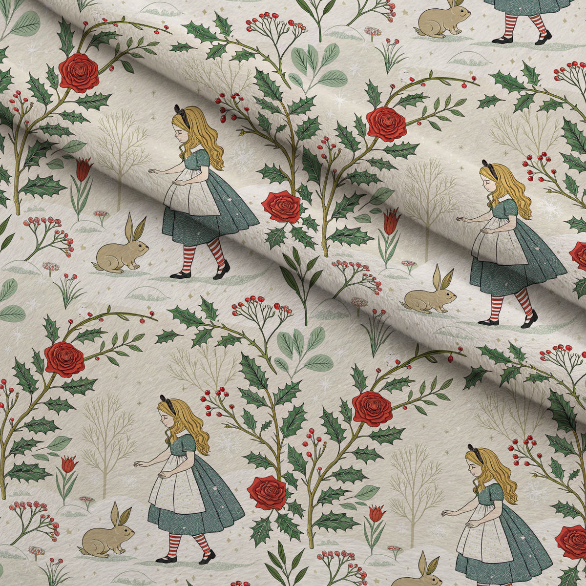 Yuletide Hare Pattern 46 Fleece Fabric — fleece fabric folded close-up preview (mv-fleece-v1:lying)