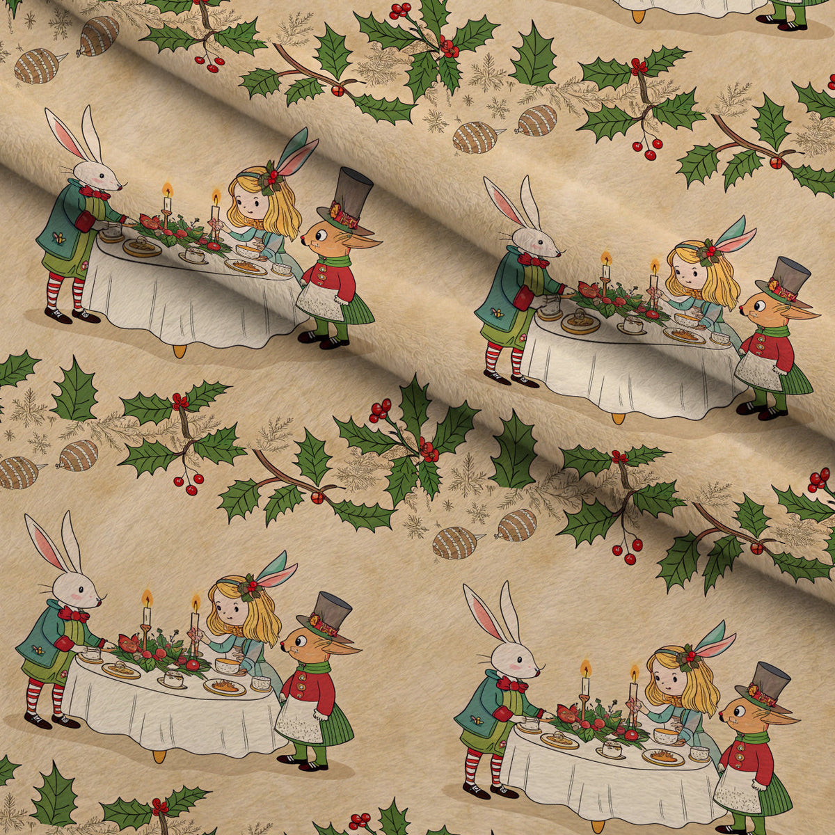 Yuletide Hare Pattern 53 Fleece Fabric — fleece fabric folded close-up preview (mv-fleece-v1:lying)